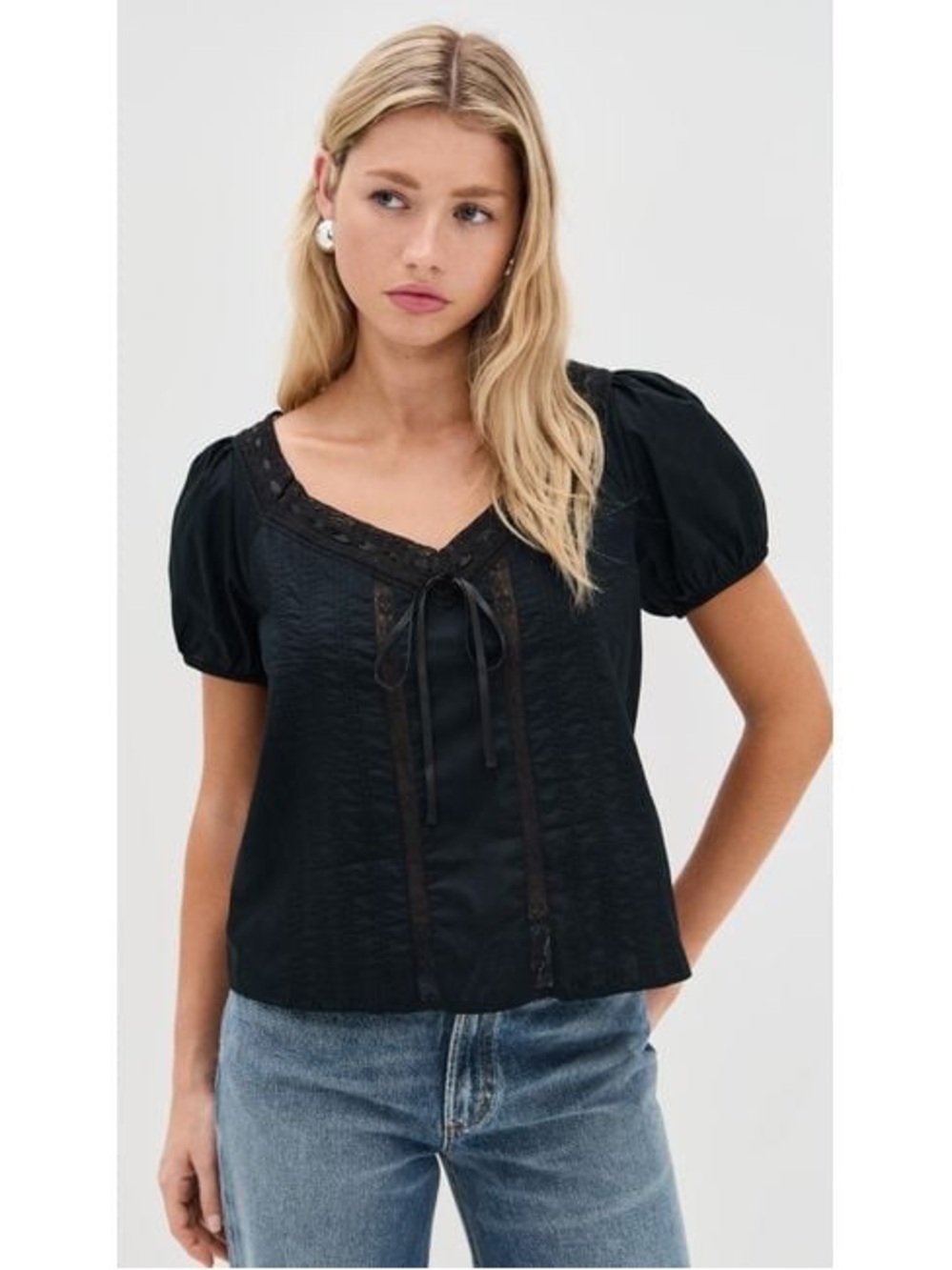 NWT Paige Anzio Black Puff-Sleeve V-Neck Lace-Trim Top Size XS